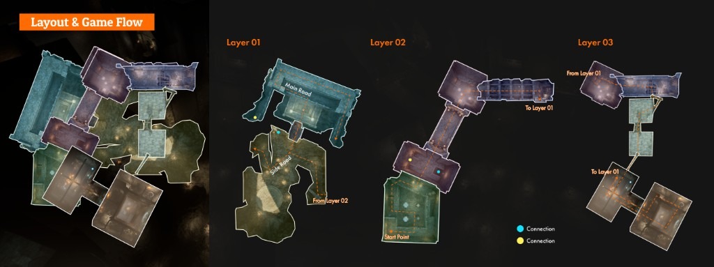 Finished top-down of the Execution Ground across three layers with player routes