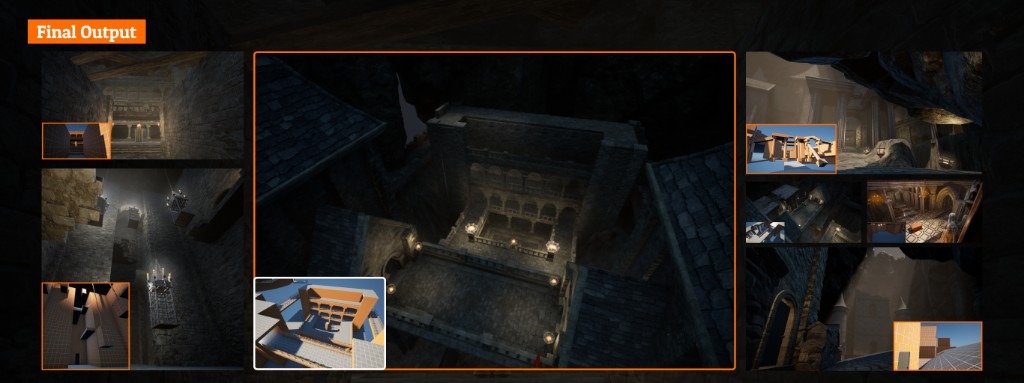 Final environment shots compared with whitebox blockouts